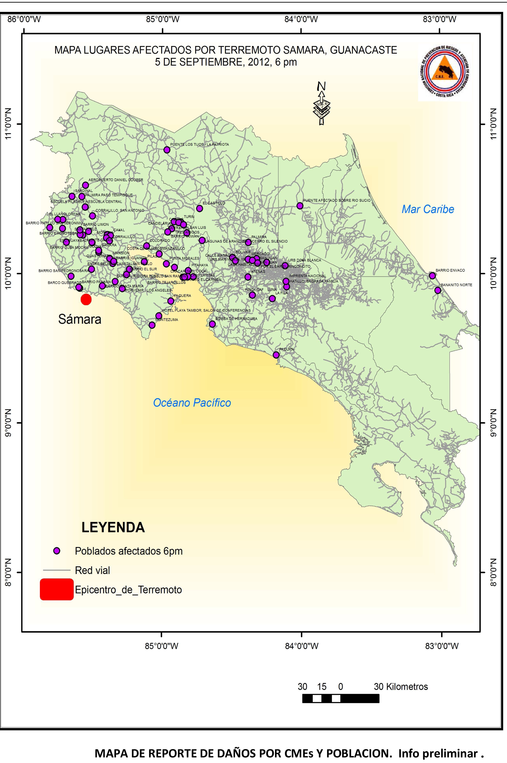 Map by CNE showing areas affected by earthquake