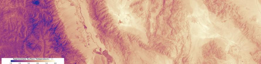 The image shows the heat emanating from Death Valley on 30 June 2013. The measurement is surface temperature as measured by the Thermal Infrared Sensor on the Landsat 8 satellite. The accompanying natural color view from the Operational Land Imager on Landsat 8 shows that the cooler areas are either higher in elevation or covered with plants. Image: NASA. The image shows the heat emanating from Death Valley on 30 June 2013. The measurement is surface temperature as measured by the Thermal Infrared Sensor on the Landsat 8 satellite. The accompanying natural color view from the Operational Land Imager on Landsat 8 shows that the cooler areas are either higher in elevation or covered with plants. Image: NASA.