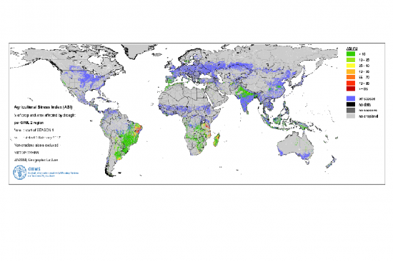 Figure 1. ASIS shows the agricultural areas with a high likelihood of water stress (red areas) during the second dekad of February 2017