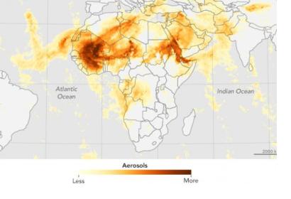 Aerosol Index, Sahara dust. Image courtesy of Jesse Allen, NASA Earth Observatory, using Suomi NPP OMPS data provided courtesy of Colin Seftor (SSAI)