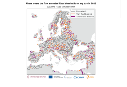 Map of Europe Flow Networds Exeeding Flood Thresholds 2023