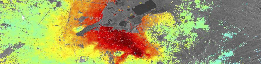 Five Sentinel-1A radar scans acquired between 3 October and 2 December 2014 were combined to create this image of ground deformation in Mexico City. The deformation is caused by ground water extraction, with some areas of the city subsiding at up to 2.5 cm/month (red). Image: Copernicus data (2014)/ESA/DLR Microwave and Radar Institute–SEOM InSARap study. Five Sentinel-1A radar scans acquired between 3 October and 2 December 2014 were combined to create this image of ground deformation in Mexico City. The deformation is caused by ground water extraction, with some areas of the city subsiding at up to 2.5 cm/month (red). Image: Copernicus data (2014)/ESA/DLR Microwave and Radar Institute–SEOM InSARap study.