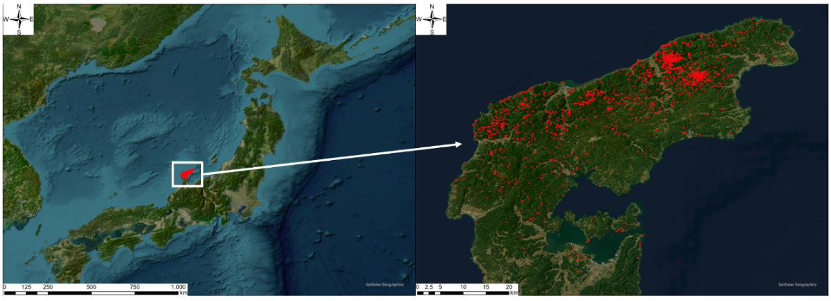Figure 3. (Left) Satellite Image in Japan (Right) Satellite Image for the Landslide detection by Photo Interpretation with Aerial image