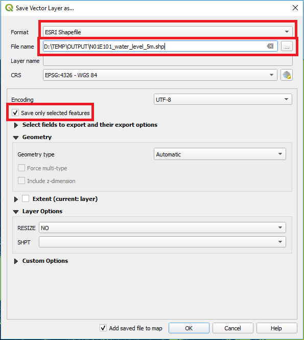 Figure 7: QGIS Saving of Vector Layer