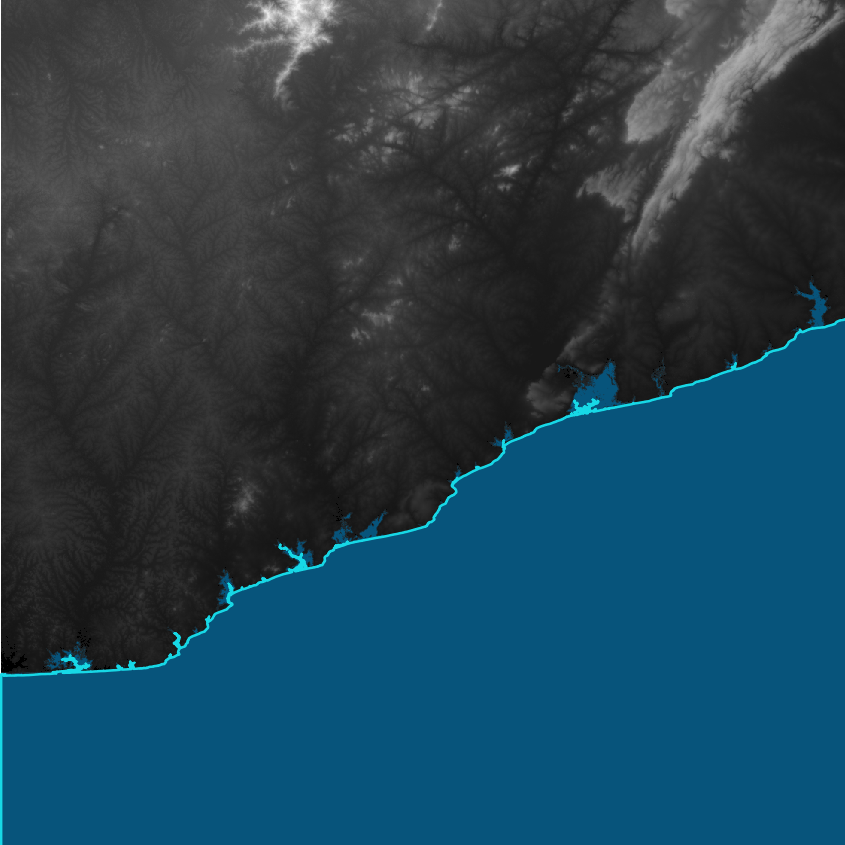 Figure 8: Flooded regions in case of a flood level of 5m for N05W001, Accra region, Ghana