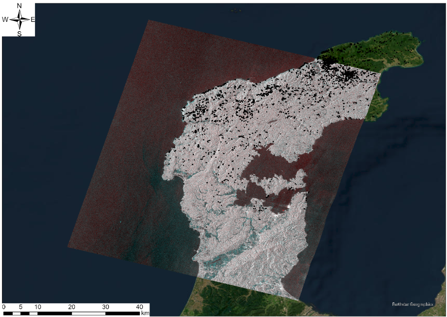 Figure 7. Color-composite image by pre and post radar satellite images ©JAXA and black solid polygons are landslide location detected by aerial photography ©GSI