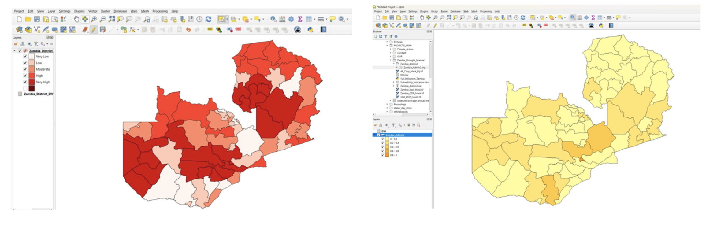 Left: District-level drought hazard map for Zambia, Right: District-level Drought vulnerability map for Zambia (Credit: CIGAR & IWMI)