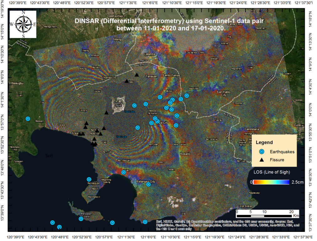 Figure 1. Differential interferogram (DinSAR) map using Sentinel-1 data for the period 11-01-2020 / 17-01-2020.