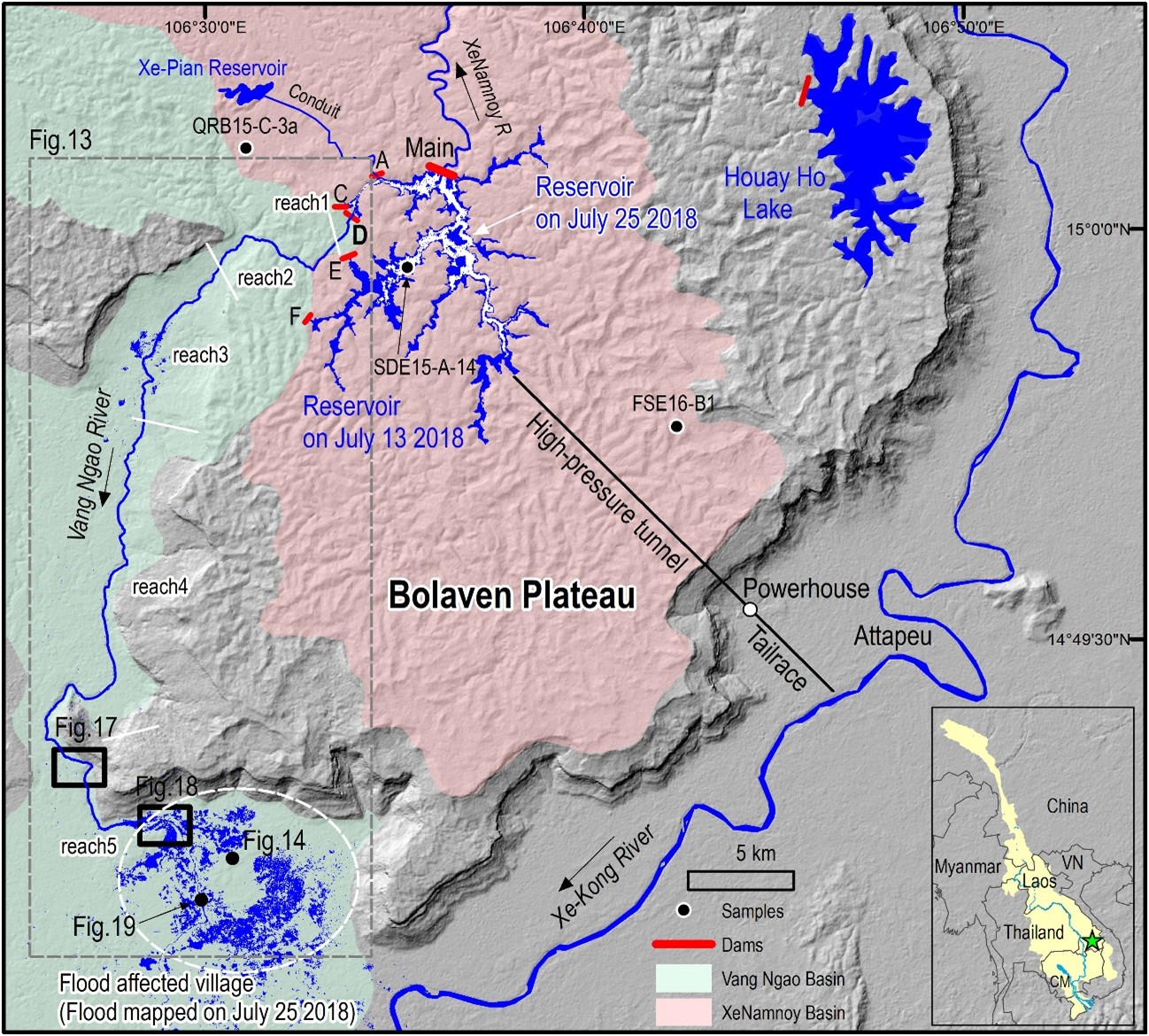 Figure 1. Map of reservoirs and dams atop the Bolaven Plateau and the extent of the 23 July 2018 flood. Failure of Saddle dam D, on the ridgeline between the Xe Namnoy and Vang Ngao river basins, caused the flood. We mapped the reservoir and flood area using ALOS-2 imagery taken two days after the flood. Labeled reaches of the Vang Ngao River refer to our hydrodynamic analysis of the flood. The small square shows Laos and the location of the study area (star) (Latrubesse et al., 2020).
