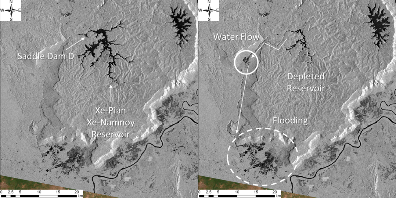 Figure 2. SAR images on July 17 (left) and July 29th, 2018 (right), before and after the collapse of Saddle Dam D.