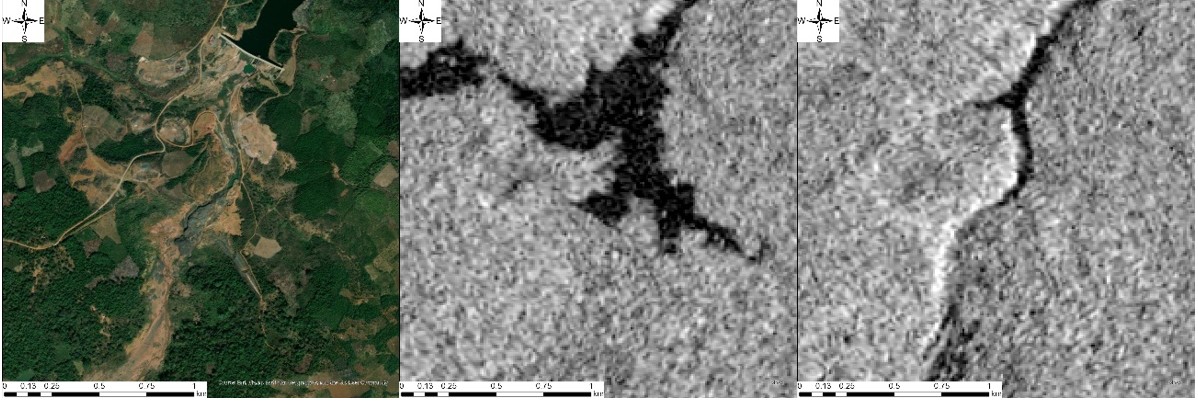 Figure 8. Optical (Left) and SAR images on July 17 (Center) and July 29th, 2018 (Right), before and after the collapse 