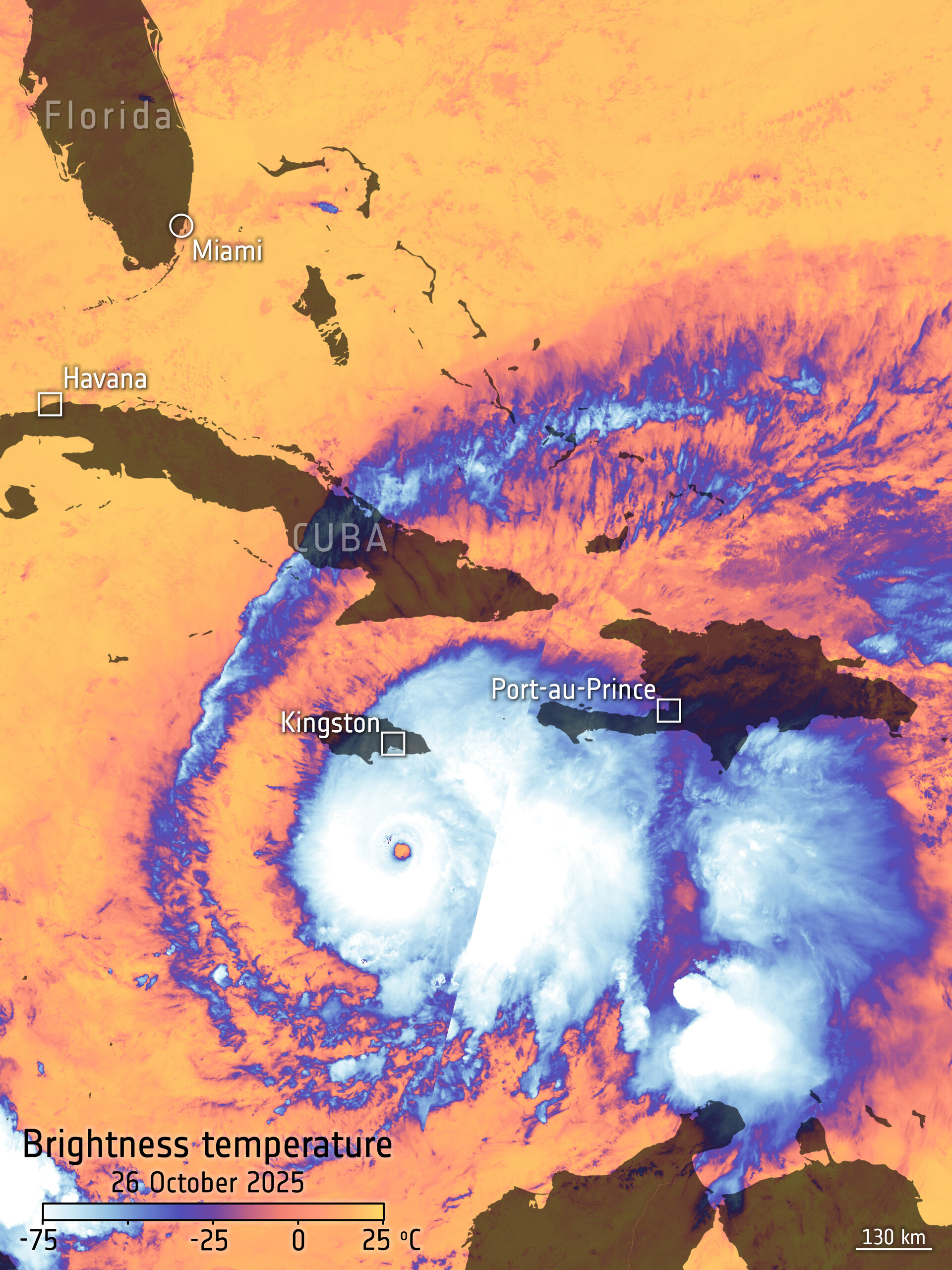 Image captured by the Copernicus Sentinel-3 mission on 26 October 2025 showcasing the ‘brightness temperature’ at the top of Hurricane Melissa