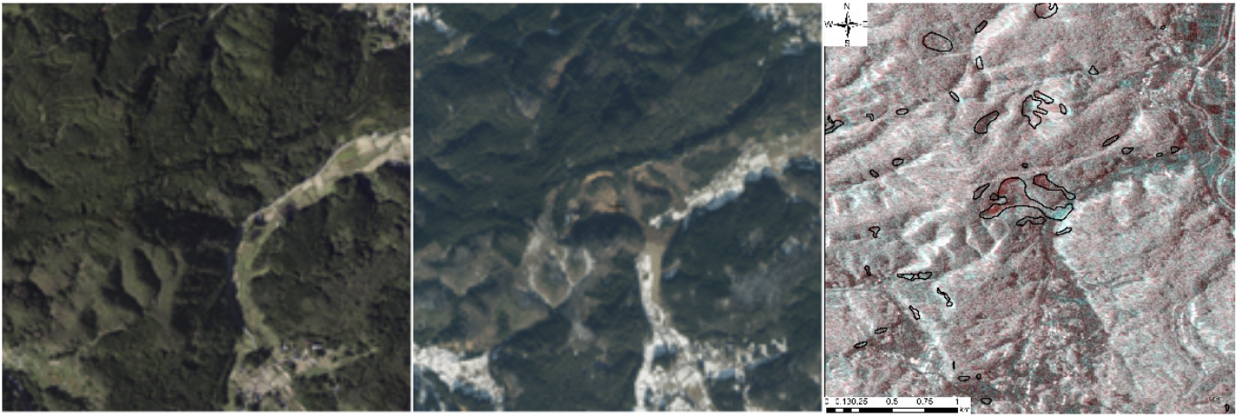 Figure 8. (Left and Middle) Landslide location in Comparison before and after the disaster by aerial photograph (GSI, n.d.-b) and (Right) Color-composite image by pre and post radar satellite images ©JAXA