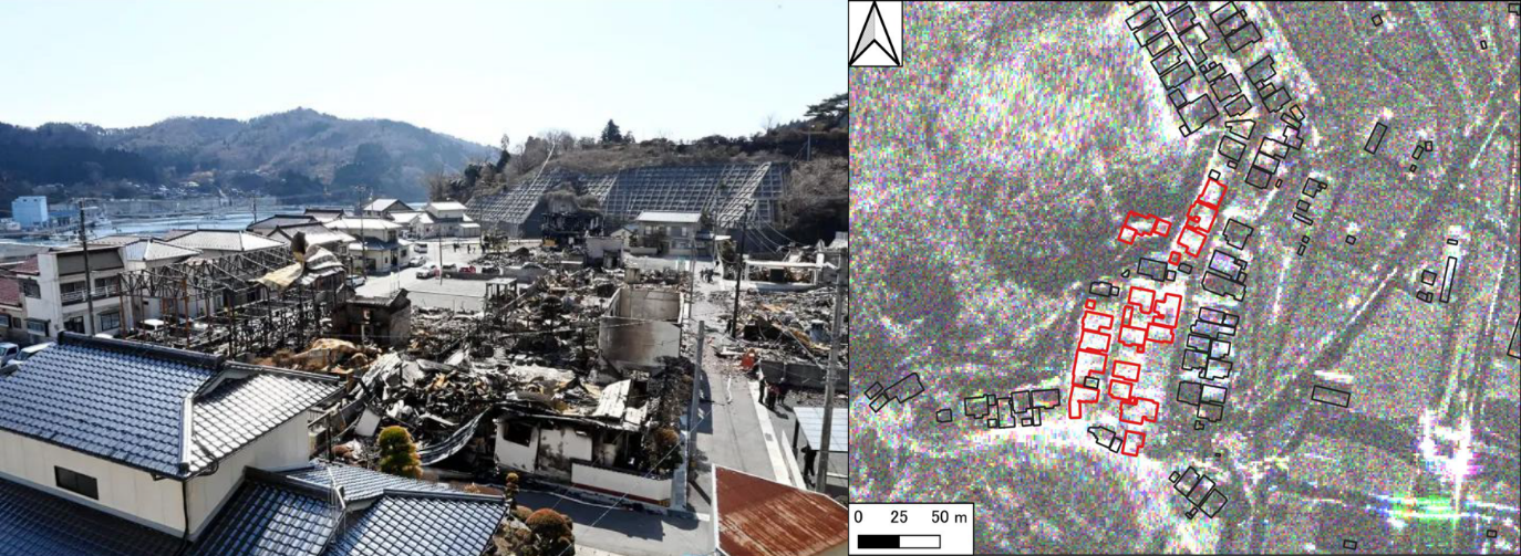 Figure 6: (Left) Ofunato City forest fire: Scenes from Rikuzentakata Ayasato area in photos – March 10 (The remains of houses destroyed by fire, photographed at 11:11 a.m. on March 10 at Ayasato Port, Rikuzentakata) (Right) CSI Image for Ofunato City forest fire © Synspective Inc.