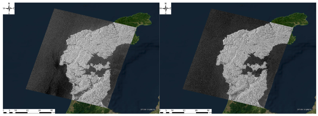 Figure 6. SAR Intensity Images June 6th, 2023 (Left) and January 2nd, 2024 (Right) ©JAXA
