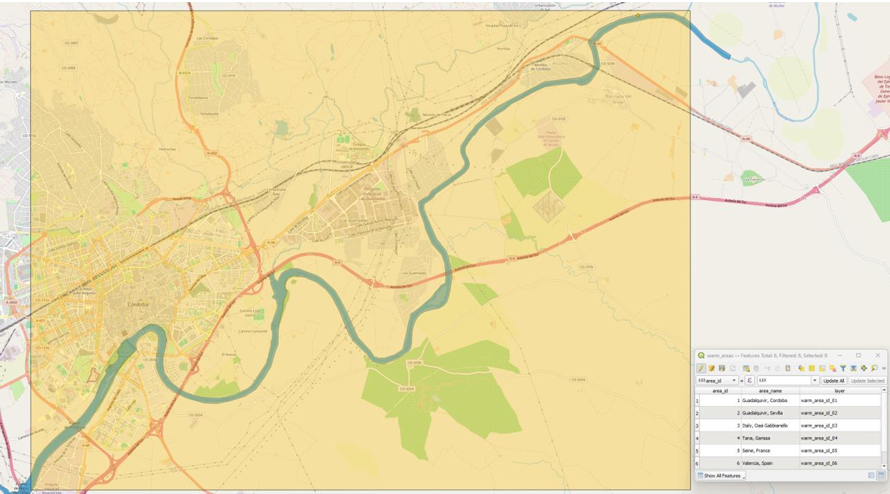 Screenshot containing analysis area (yellow), nominal water (blue) geometry (Guadalquivir River, Córdoba, Spain)