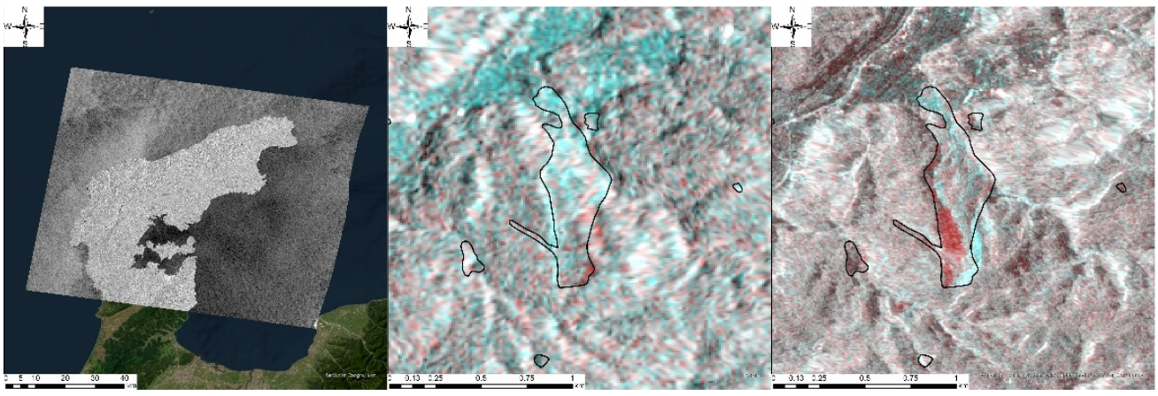 Figure 11. (Left) Sentinel-1 SAR satellite observation (June 6th, 2023, and January 6th, 2024), (Middle) Color-composite image in Sentinel-1 (C-band), and (Right) Color-composite image in ALOS-2 (L-band)