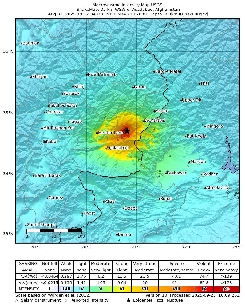 Figure1: Shakemap from USGS for the magnitude 6.0, maximum intensity 9.393 earthquake near en:Usgs Neic Shakemap (35 km WSW of en:Asadābād, Afghanistan), 8.0 km depth.