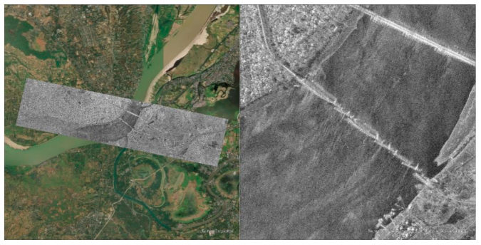 SpotLight mode SAR imagery (left) and Ava Bridge Collapse (Right) (c) Synspective
