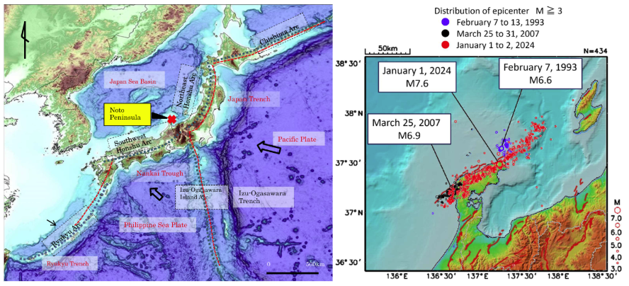 Figure 1. (Left) General topographic view around Japan and (Right) Past seismic activity around Noto Peninsula. The size of circles indicates the magnitude of earthquakes. (IAEG, 2024)