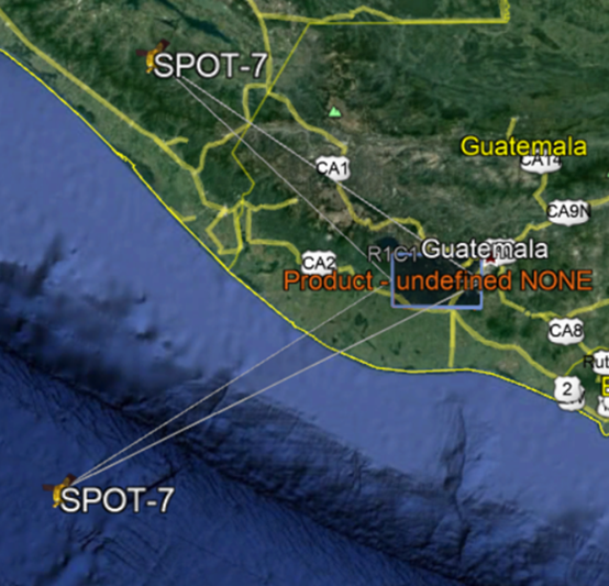 Figura 2. Representación de la adquisición telemétrica con capacidad estereoscópica de imágenes SPOT-7 para el Volcán del Fuego, Guatemala.