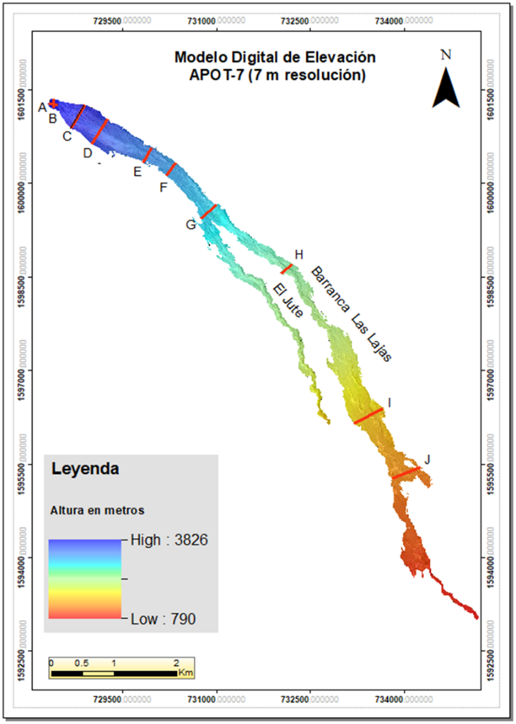 Figura 4. Modelo Digital de Elevación generado a partir de imágenes con capacidad estereoscópica SPOT-7, resolución 7 m. Ejemplo de la barranca Las Lajas