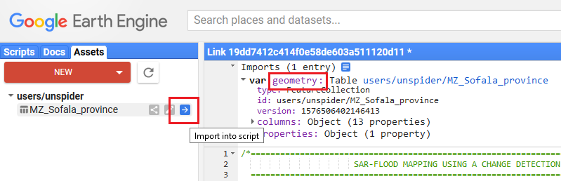 Fig. 5: Import the uploaded shapefile into the Google Earth Engine script.