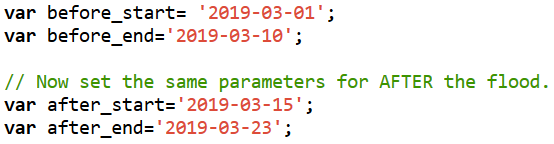 Fig. 6: Google Earth Engine Script for pre- and post-flood dates.