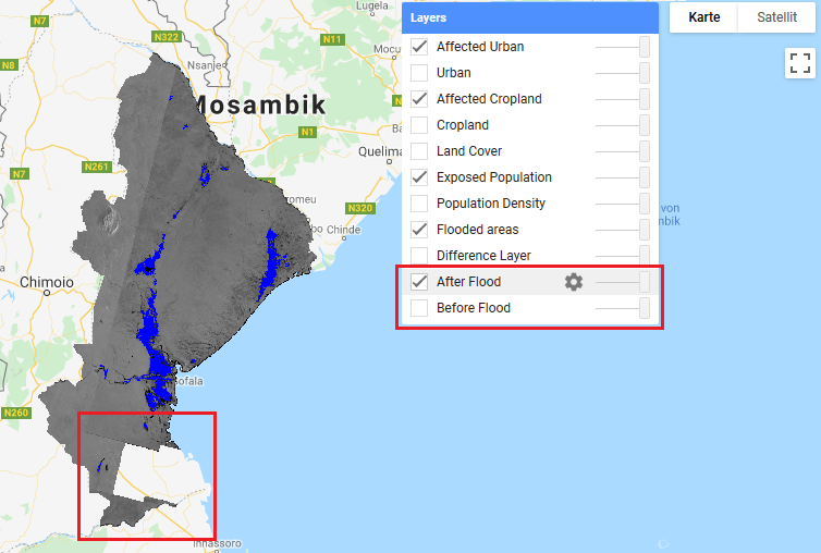 Fig.10: Expand ‘Layers’ and explore the coverage of your selected tiles for the before- and after flood mosaic. A part of the area of interest is not covered given the selected parameters.