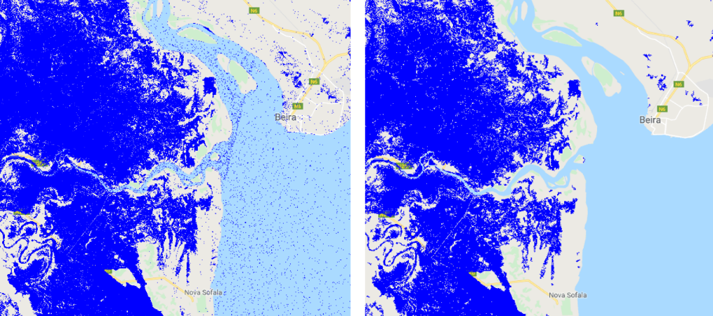 Fig.15: Left: original flood extent. Right: refined flood extent layer