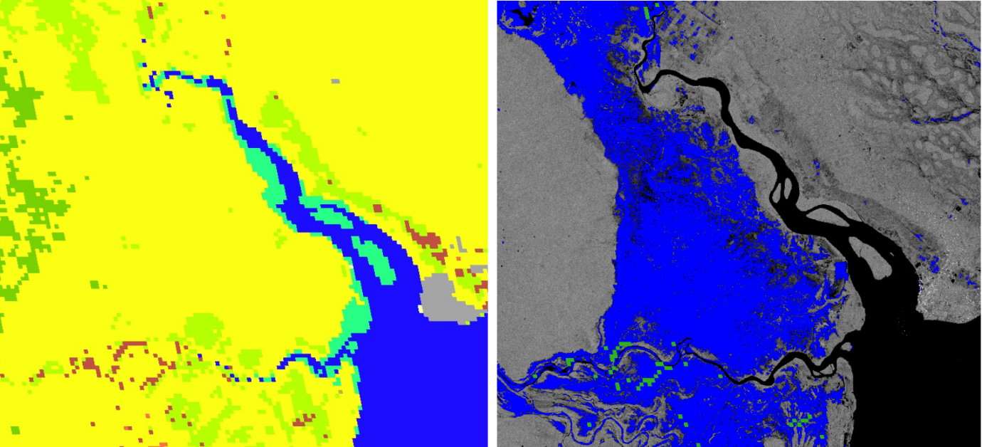 Fig. 17: Left: MODIS Land Cover (blue: water, yellow: savanna, dark green: forest, light green: grassland, turquoise: wetlands, grey: urban, red: croplands). Right: affected cropland in green