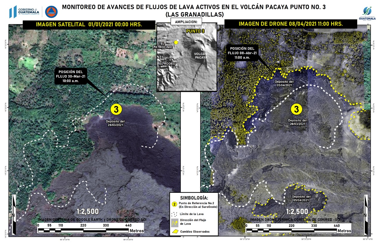 Monitoring of progress of active lava flows in the volcano Pacaya. Images captured on January 1 and April 8, 2021. Image: SE-CONRED.