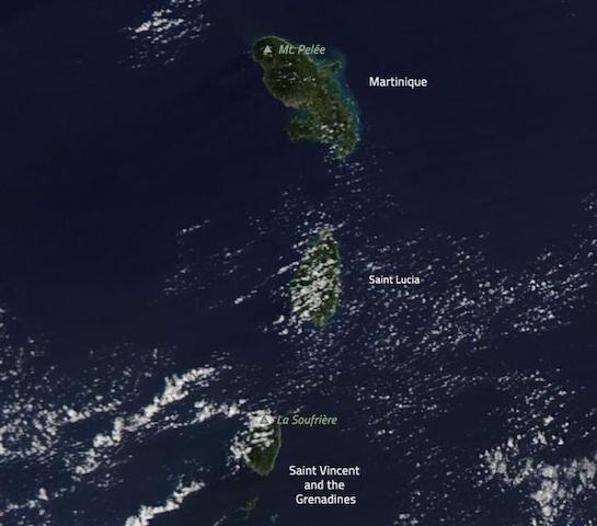 Natural colour imagery of Mount Pelée and La Soufrière. Image: NASA Worldview.