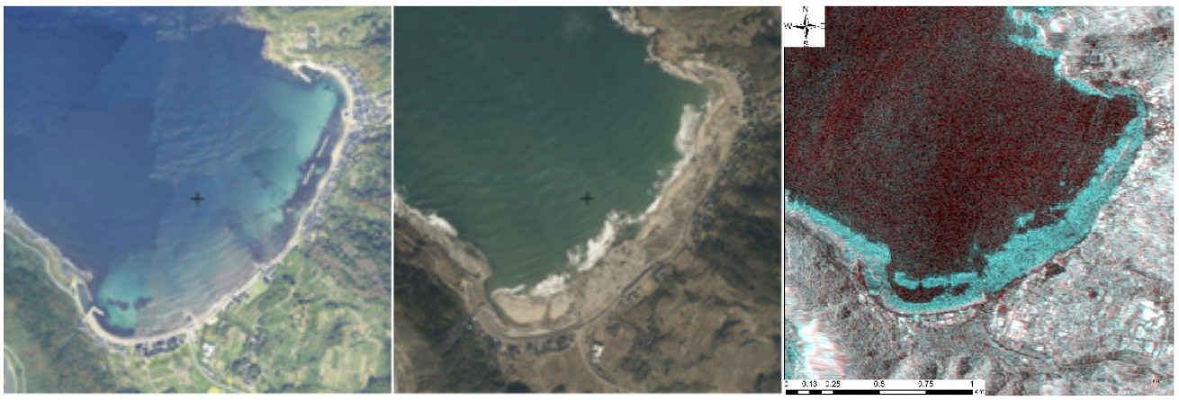 Figure 10. (Left and Middle) Land Emergence location in Comparison before and after the disaster by aerial photograph (GSI, n.d.-d) and (Right) Color-composite image by pre and post radar satellite images ©JAXA