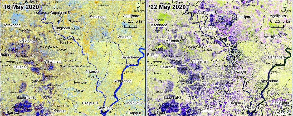 Figure 1. Pre/post flooding: Sentinel-1 satellite imageries from before (16 May) and after (22 May) Cyclone Amphan. The extent of inundation caused by the floods is assessed by comparing perennial waterbodies from before the cyclone with flooding caused by the cyclone, indicated by the blue sections of the maps. (Image: Copernicus Open Access Hub/ Sentinel-1)