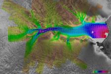 Image showing the movement of the Lambert Glacier, with ice velocity vectors obtained by using RADARSAT Synthetic Aperture Radar (SAR) imagery from the 2000 Antarctic Mapping Mission. Image: Canadian Space Agency/NASA/Ohio State University, Jet Propulsion Laboratory, Alaska SAR facility. Retrieved from NASA Earth Observatory. 