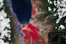 This map shows the ground motion during the six months following the earthquake that struck the Indonesian Island of Sulawesi on 28 September 2018, and was obtained by processing Copernicus Sentinel-1 images acquired between October 2018 and April 2019. Image: ESA/contains Copernicus Sentinel data (2018–19), processed by Planetek Rheticus Service.