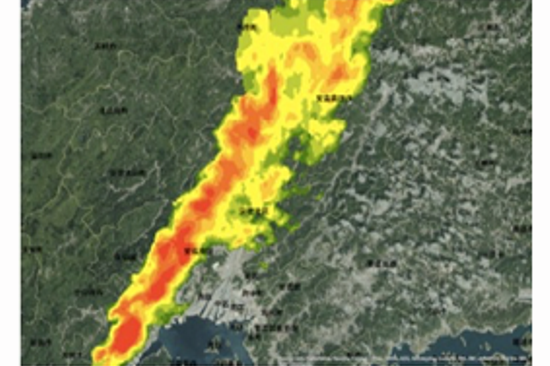 Result of taking rainfall information of the X-band MP radar into GIS (2014.08.20 1:00 and 4:00 ).