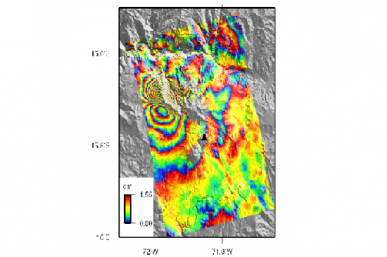 Interferogram from TerraSAR-X satellite (12 May to 17 July 2013) shows ground displacement and active faults around Sabancaya volcano in Peru (black triangle). This data, along with satellite observations of increased temperature and other ground observations, allowed the Observatorio Vulcanológico del Sur (OVS), Instituto Geofísico del Perú to make informed decisions about the potential eruptive hazard - small eruptions occurred in 2014, 2015, and a continued threat further exist. (Image credit: Jay et al. 2015)
