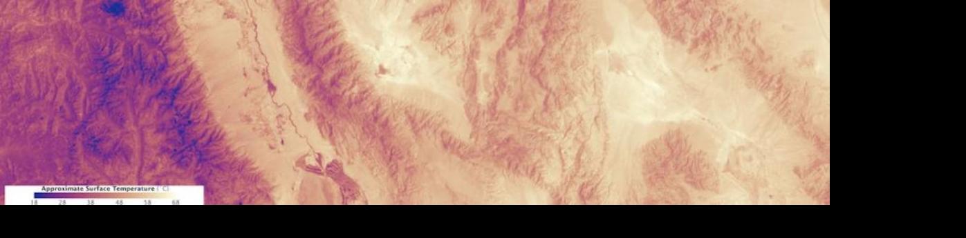 The image shows the heat emanating from Death Valley on 30 June 2013. The measurement is surface temperature as measured by the Thermal Infrared Sensor on the Landsat 8 satellite. The accompanying natural color view from the Operationa