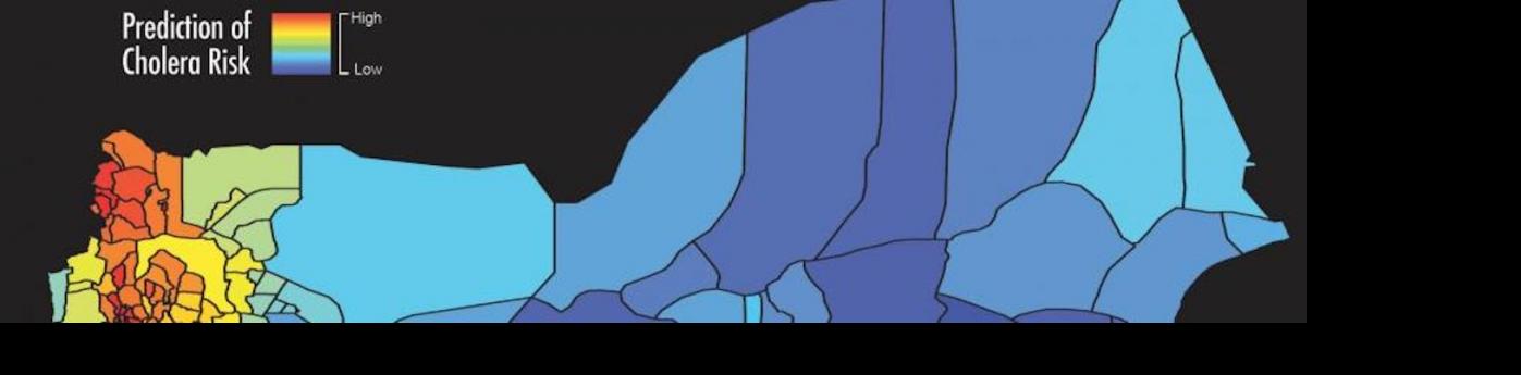 The map shows the predicted cholera risk based on analysis and satellite data in Yemen, June 2017. Blue color indicates low risk of cholera while red color indicates high risk of cholera. Image: West Virginia University/Antar Jutla.