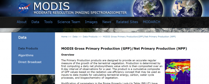 Screenshot of Modis Gross Primary Productivity