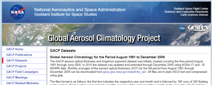 Screenshot of the Global Aerosol Climatology Project website.