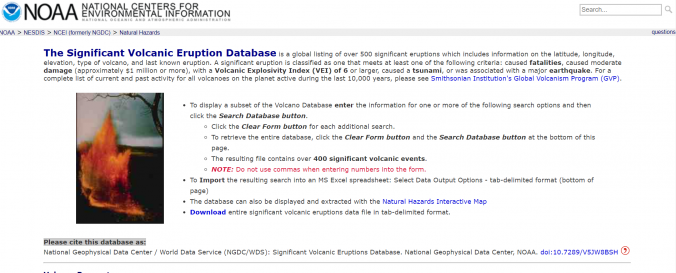 Screenshot of Significant Volcanic Eruptions 