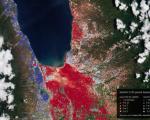 This map shows the ground motion during the six months following the earthquake that struck the Indonesian Island of Sulawesi on 28 September 2018, and was obtained by processing Copernicus Sentinel-1 images acquired between October 2018 and April 2019. Image: ESA/contains Copernicus Sentinel data (2018–19), processed by Planetek Rheticus Service.