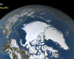 Arctic sea ice minimum on 15 September 2020, with 30-year average extent in yellow. Image: NASA.