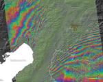 Interferogram of the surface displacement triggered by the earthquake in Türkiye.  (Image courtesy of ESA).
