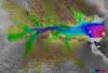 Image showing the movement of the Lambert Glacier, with ice velocity vectors obtained by using RADARSAT Synthetic Aperture Radar (SAR) imagery from the 2000 Antarctic Mapping Mission. Image: Canadian Space Agency/NASA/Ohio State University, Jet Propulsion Laboratory, Alaska SAR facility. Retrieved from NASA Earth Observatory. 