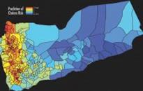 The map shows the predicted cholera risk based on analysis and satellite data in Yemen, June 2017. Blue color indicates low risk of cholera while red color indicates high risk of cholera. Image: West Virginia University/Antar Jutla.