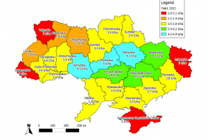 Fig. 1. Winter wheat yield forecasts for Ukraine for 2013 as of 08 May 2013.